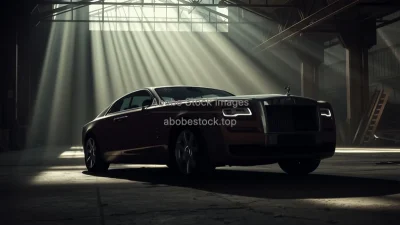 Abandoned luxury car in a dusty warehouse shafts of light and shadows