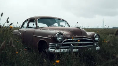 Abandoned rusty car in an overgrown field surrounded by tall grass and wildflowers moody atmosphere