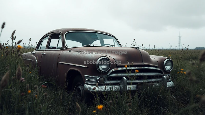 Abandoned rusty car in an overgrown field surrounded by tall grass and wildflowers moody atmosphere