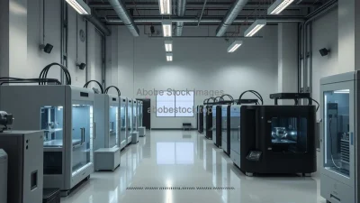 Advanced 3D printing lab with multiple industrial printers creating complex metal parts futuristic mood