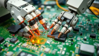 Advanced robotics cell assembling circuit boards close up of grippers and components shallow depth