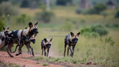 African wild dog pack on the hunt