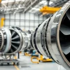 Aircraft engine assembly plant with turbine blades neatly arranged bright industrial hall technical feel