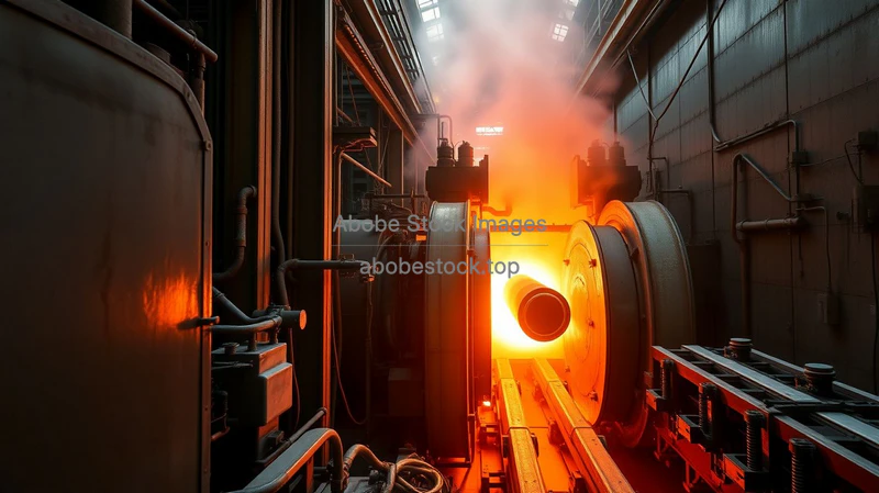 Aluminum extrusion plant with glowing billets entering long dies strong contrast and industrial textures