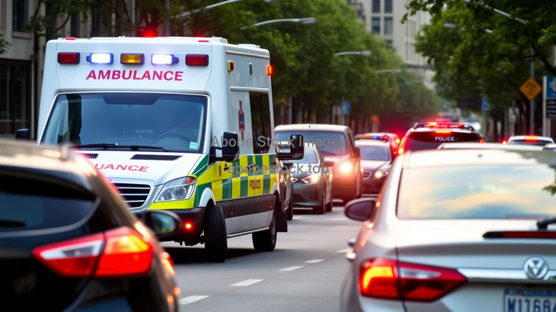 Ambulance weaving between cars on a busy city avenue sirens on