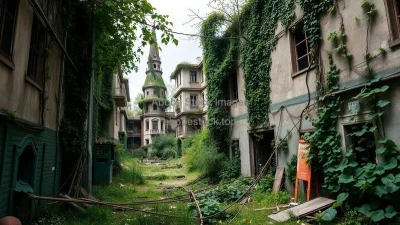 An abandoned city overtaken by nature