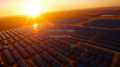 An aerial view of a sprawling solar farm at sunrise golden light cinematic wide angle