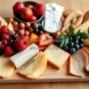 An artistic charcuterie board with cheeses and fruit