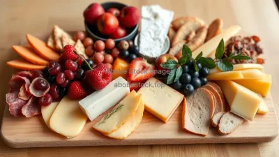 An artistic charcuterie board with cheeses and fruit