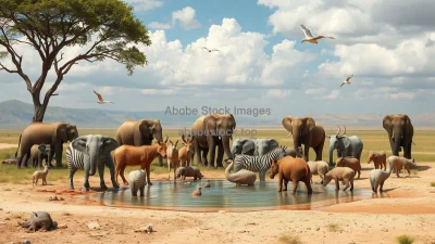 Animals from different ecosystems gathered at the last remaining water hole surreal concept