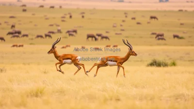 Antelope sprinting across wide grasslands