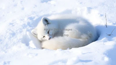 Arctic fox curled up in snow