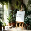 Artist studio with easel and canvas surrounded by greenery