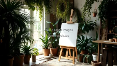Artist studio with easel and canvas surrounded by greenery