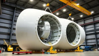 Assembly of wind turbine nacelles in a large industrial hall cranes lifting components vertical framing
