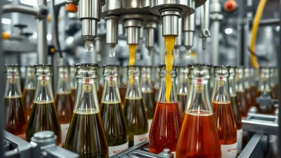 Automated bottling plant filling glass bottles with beverages mechanical precision detailed close up