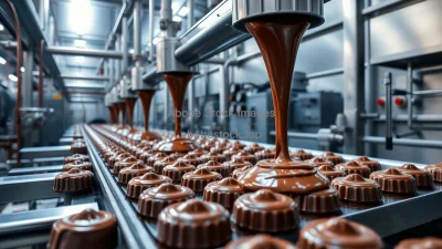 Automated chocolate factory with liquid chocolate flowing through pipes molds on conveyor belts appetizing scene