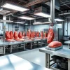 Automated meat processing factory with precise cutting machines stainless steel surfaces clinical cold lighting