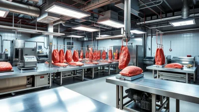 Automated meat processing factory with precise cutting machines stainless steel surfaces clinical cold lighting