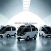 Autonomous taxi pods lined up at a futuristic station minimalistic architecture