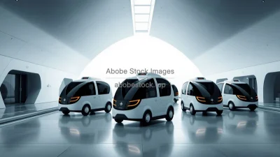 Autonomous taxi pods lined up at a futuristic station minimalistic architecture