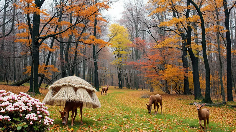 Autumn forest with unseasonal blossoms and confused wildlife surreal climate disruption