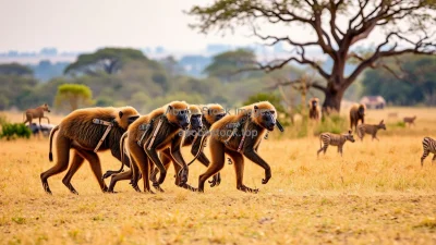 Baboon troop moving through savannah