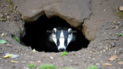 Badger emerging from burrow