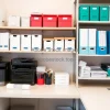 Beautifully organized office supply station with printers