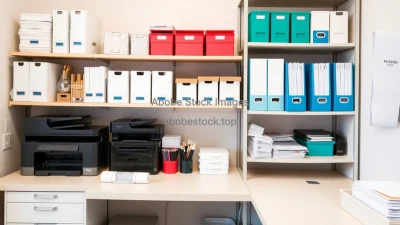Beautifully organized office supply station with printers