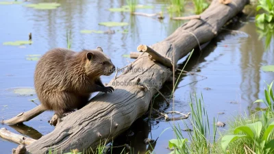 Beaver building a wooden dam