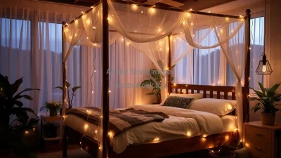 Bedroom with canopy bed and string lights wrapped around plants