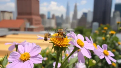 Bees pollinating flowers on a rooftop apiary city skyline in background macro