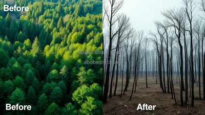 Before and after split image of a lush forest and the same area deforested and barren photorealistic