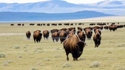 Bison herd moving across open plains
