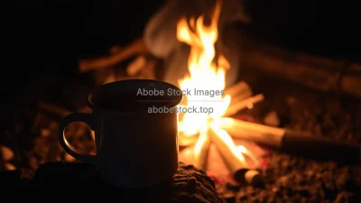 Black coffee in enamel camping mug by campfire