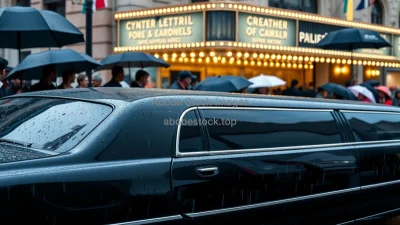 Black limousine waiting outside a theater premiere raining umbrellas crowds
