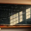 Blackboard filled with tensor equations of general relativity dusty classroom natural window light