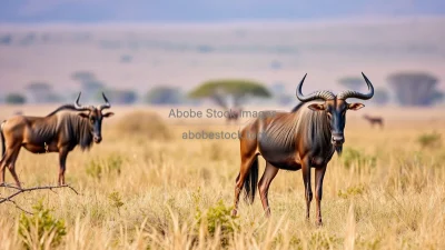 Blue wildebeest standing in savannah