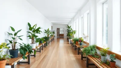 Bright hallway lined with plants on benches
