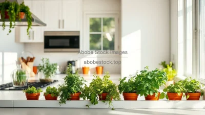 Bright kitchen filled with herbs in terra cotta pots