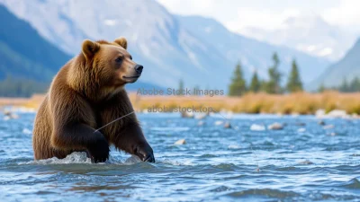 Brown bear fishing in a mountain river