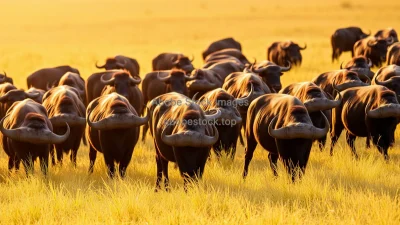 Buffalo herd grazing in golden grass