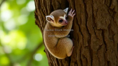 Bushbaby clinging to tree trunk