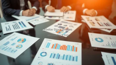 Business meeting with printed reports and charts laid out on a table