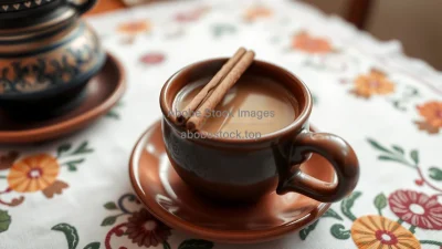 Café de olla in clay mug with cinnamon stick