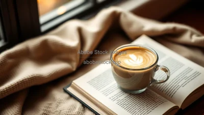 Café latte with book and reading glasses
