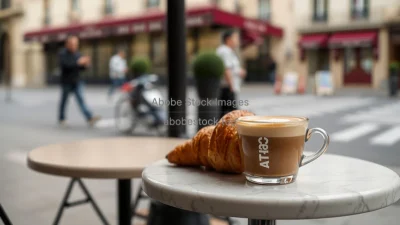 Cappuccino and croissant on round marble table