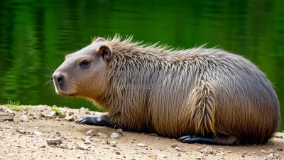 Capybara resting by riverbank