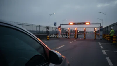 Car at a border crossing checkpoint security barriers and guards tension